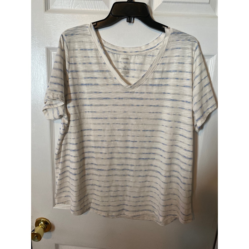 Sonoma Goods For Life The Everyday Tee Womens 1X White Blue Dash Stripe V-Neck
